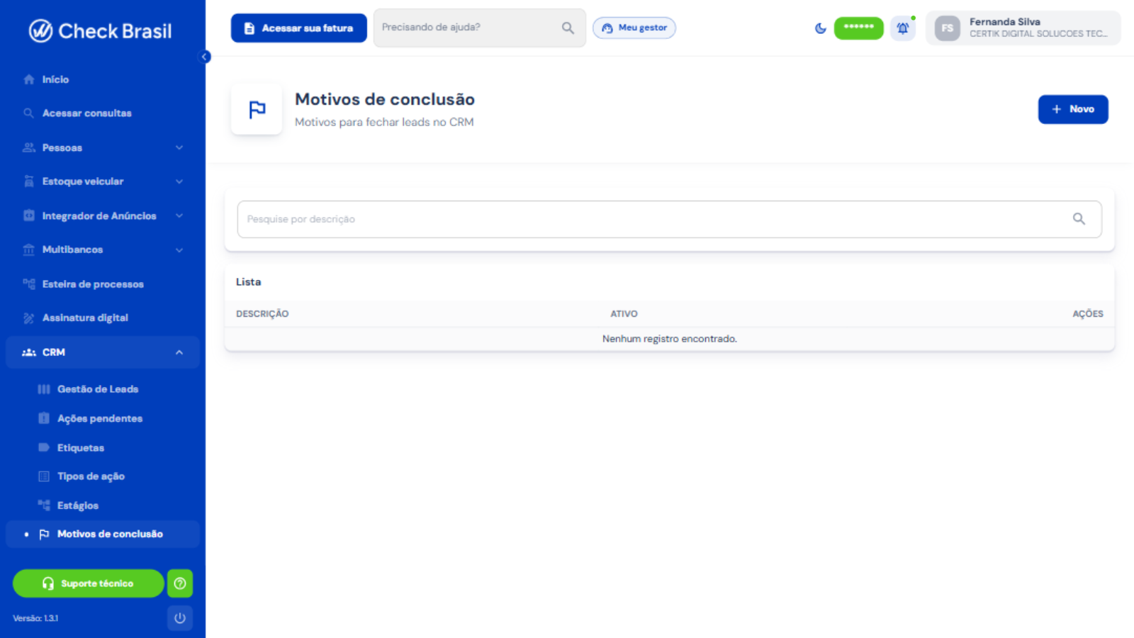 Motivos de conclusão do CRM