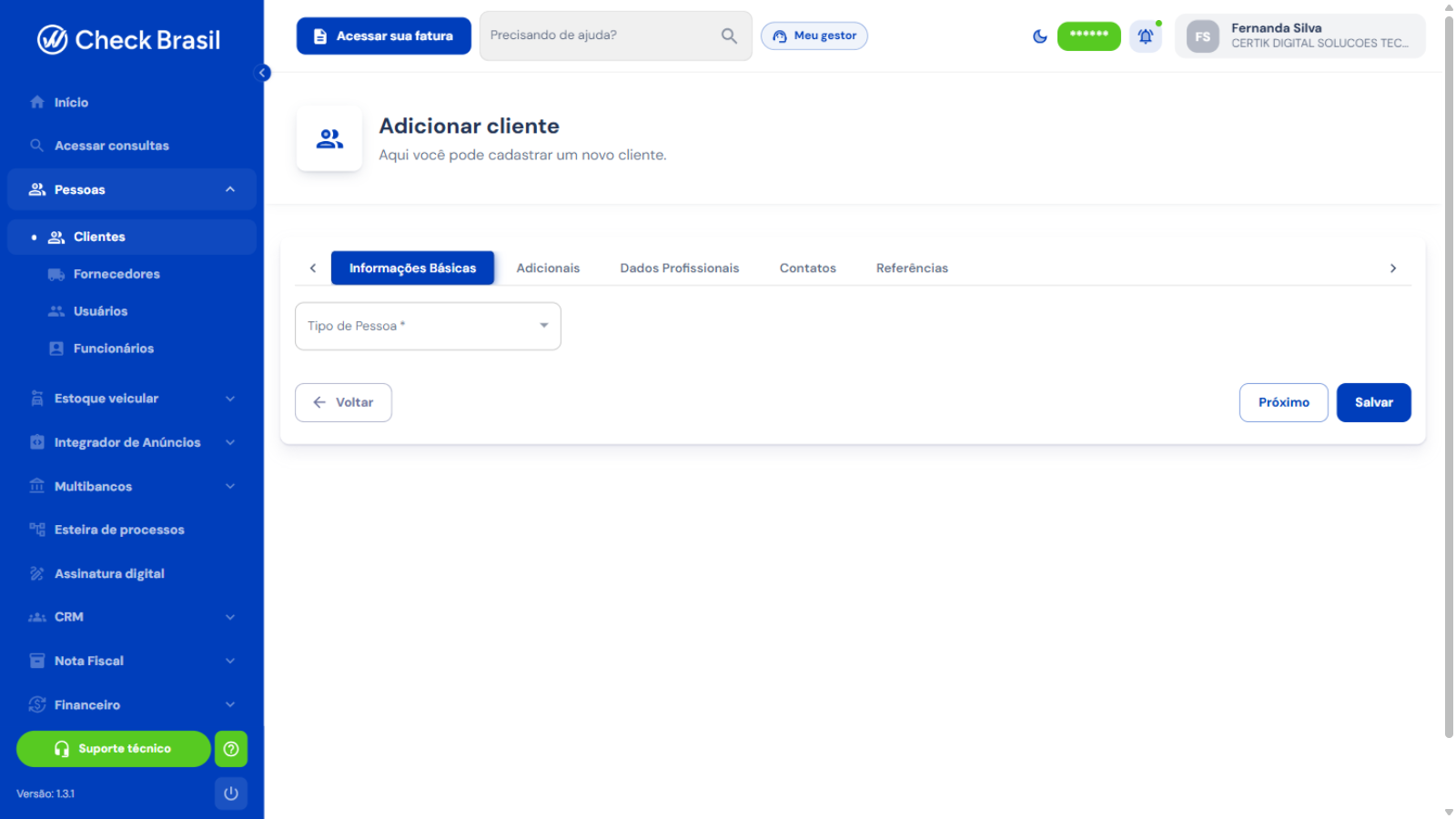 Formulário Adicionar cliente com abas de cadastro