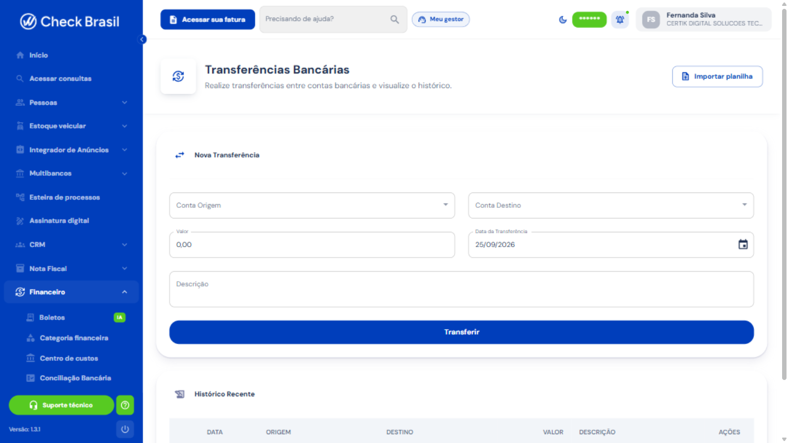 Transferências bancárias entre contas