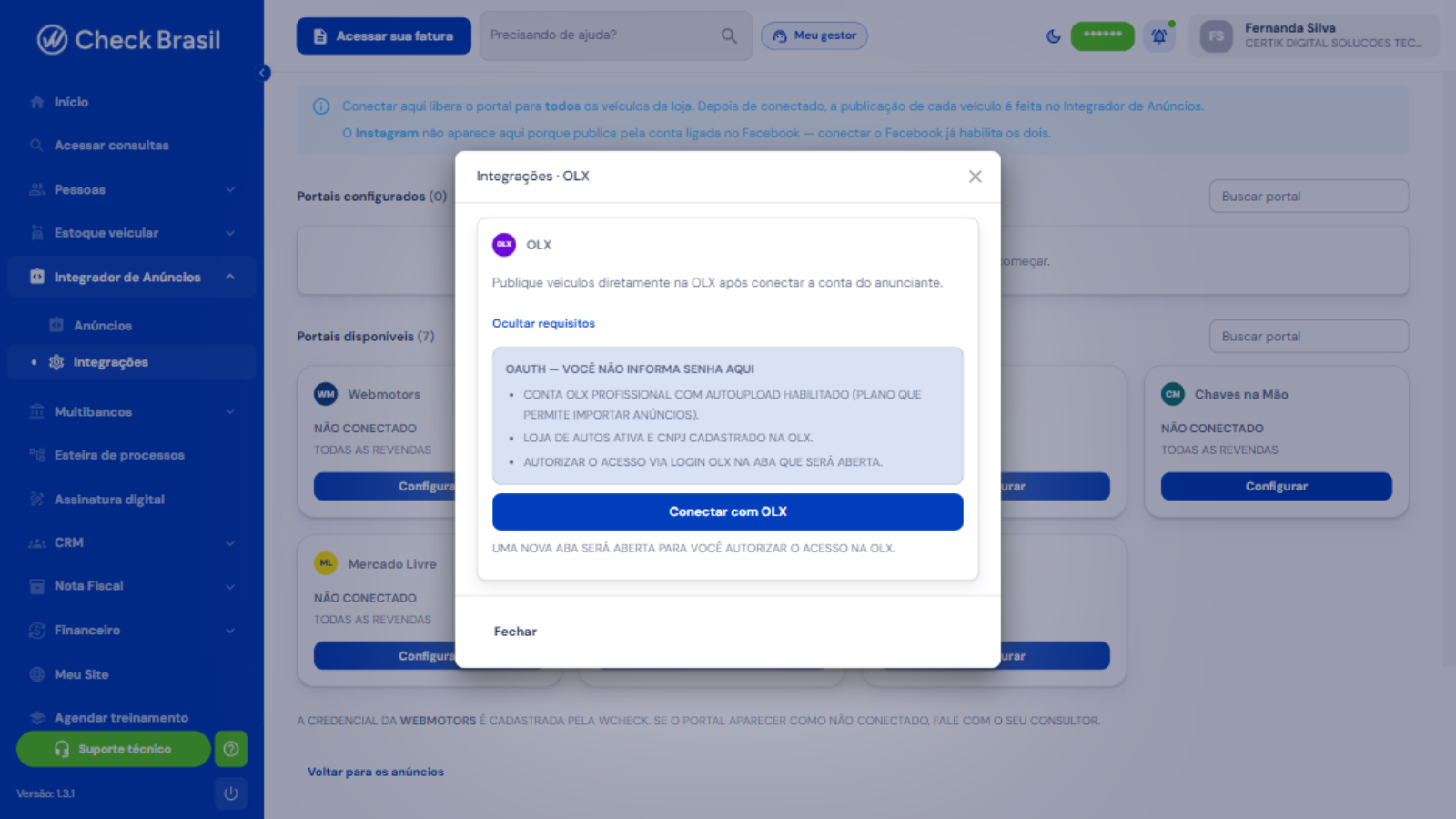 Modal de configuração da OLX com requisitos de conexão