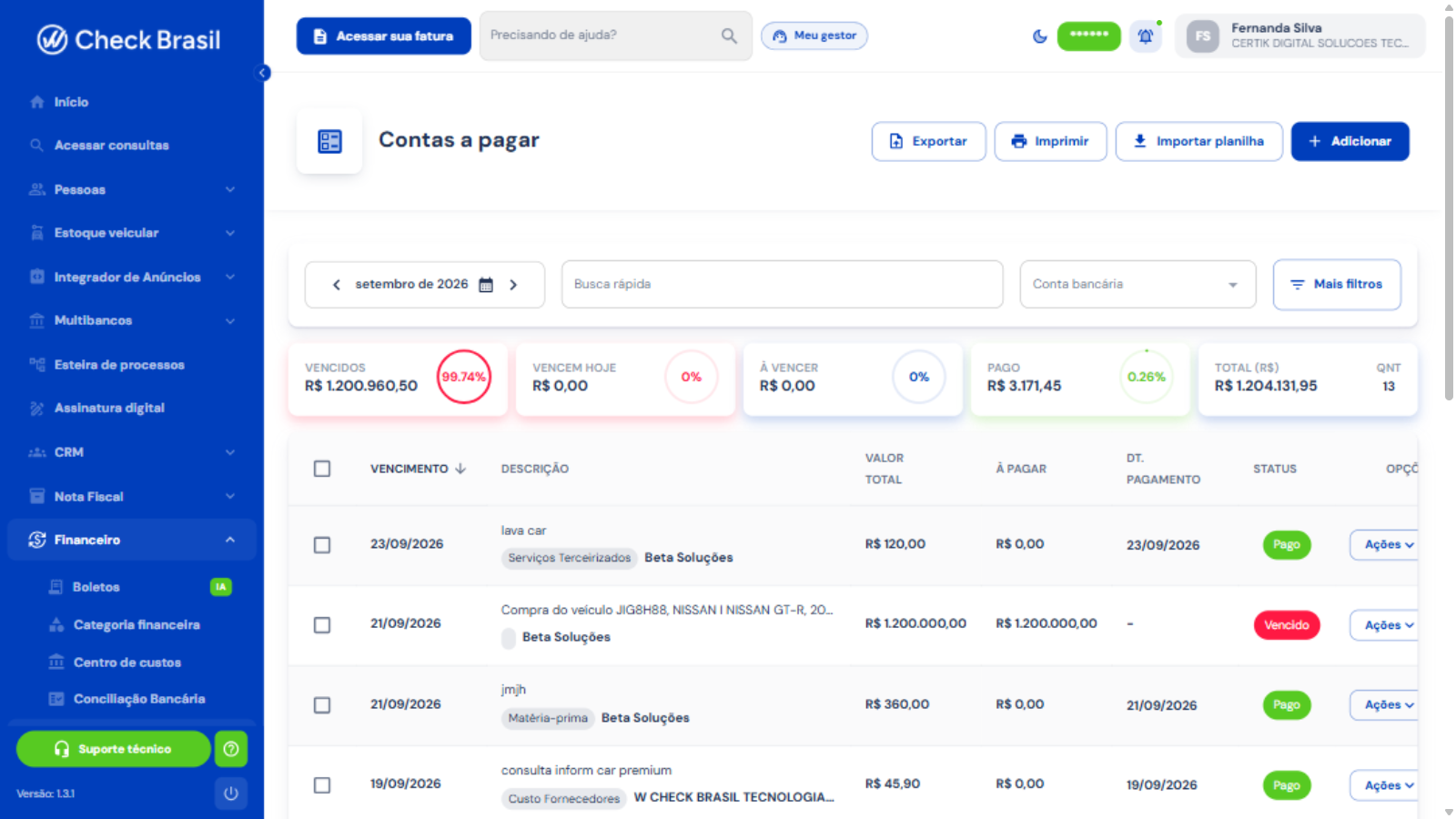 Contas a pagar com KPIs de vencidos e pagos