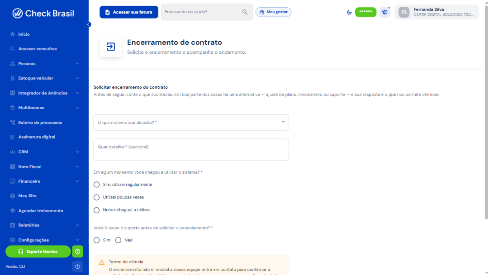 Solicitação de encerramento de contrato