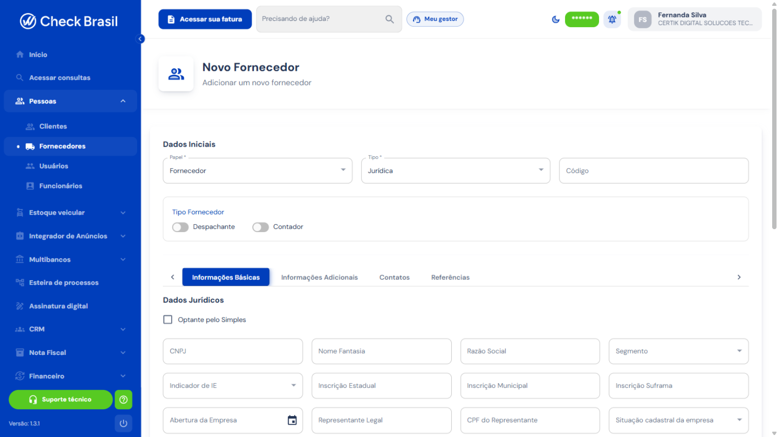 Formulário Novo Fornecedor com dados jurídicos
