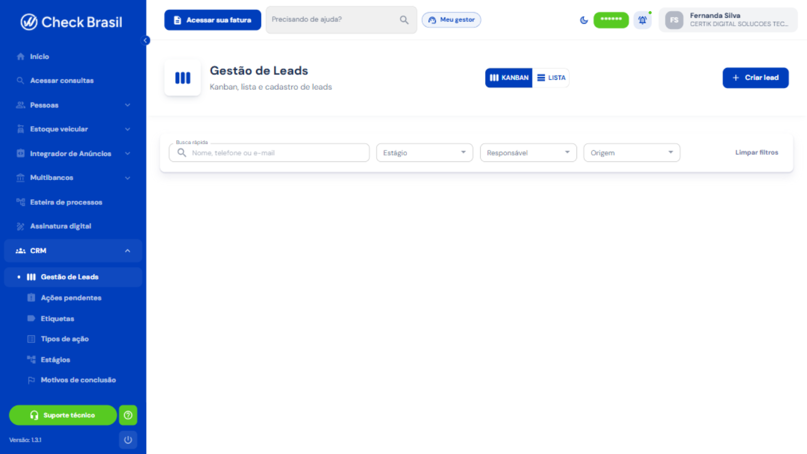 Gestão de Leads com kanban, lista e filtros