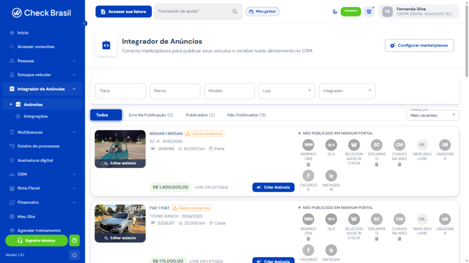 Integrador de Anúncios com status de publicação por portal
