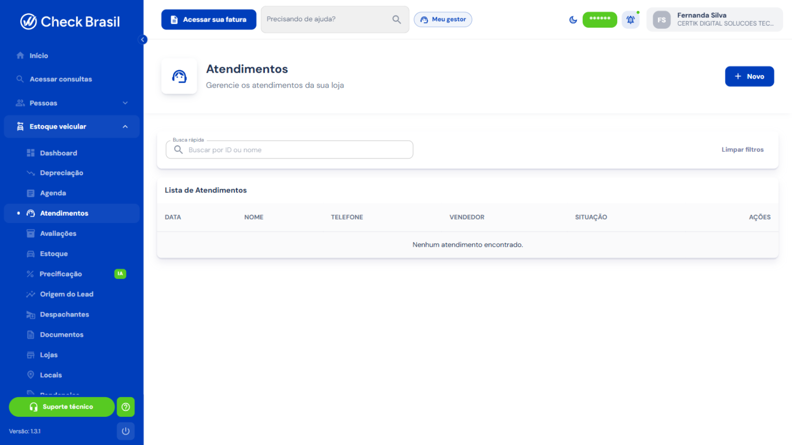 Listagem de atendimentos da loja