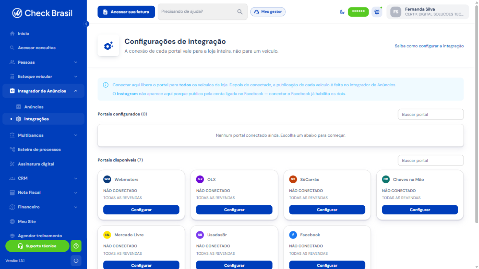 Configurações de integração com os portais disponíveis