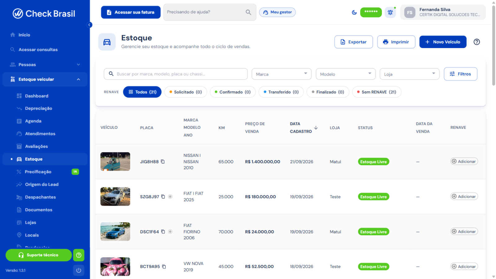 Listagem do estoque de veículos com filtros de RENAVE