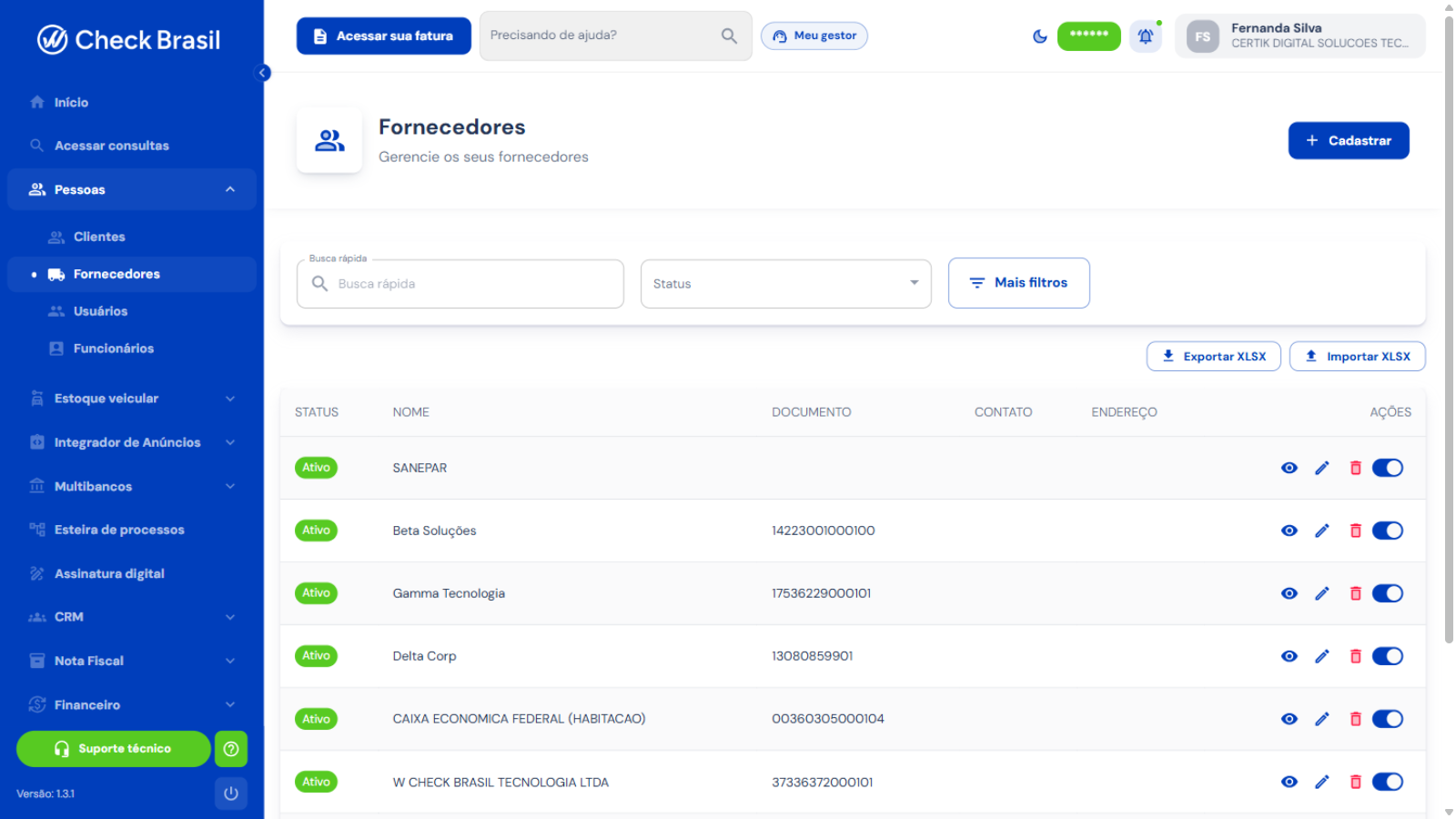 Listagem de fornecedores com exportação e importação de planilha