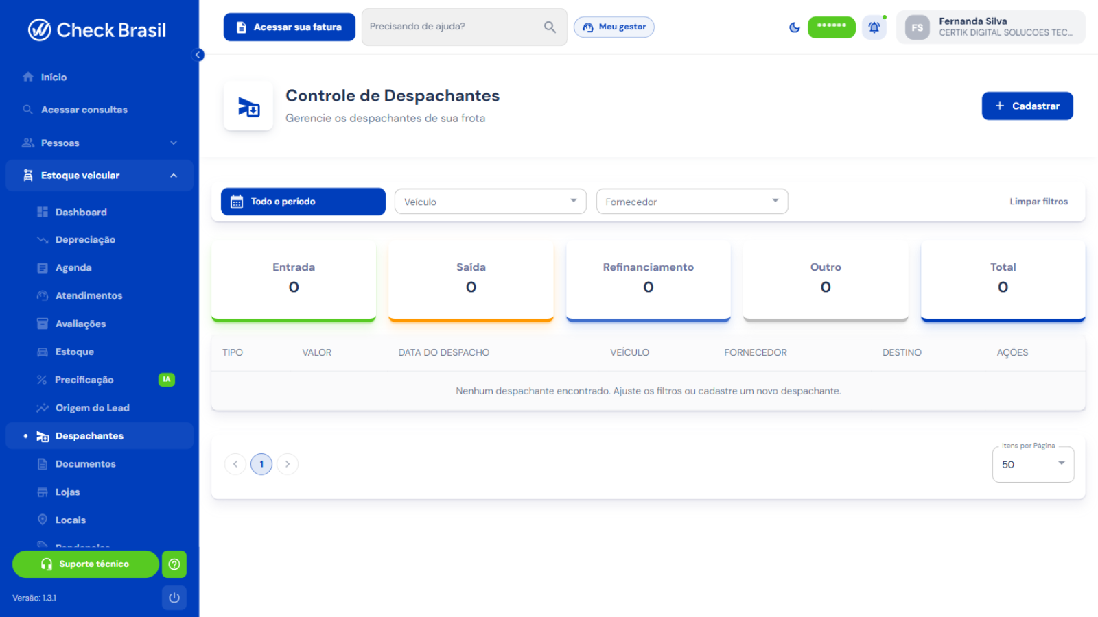 Controle de Despachantes com KPIs por tipo de despacho