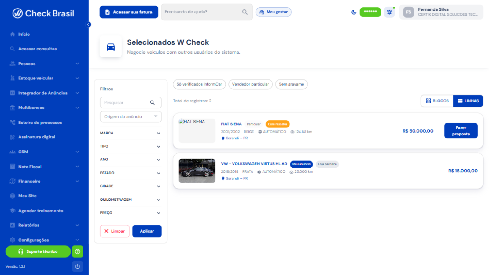 Selecionados W Check com ofertas de veículos de outros usuários