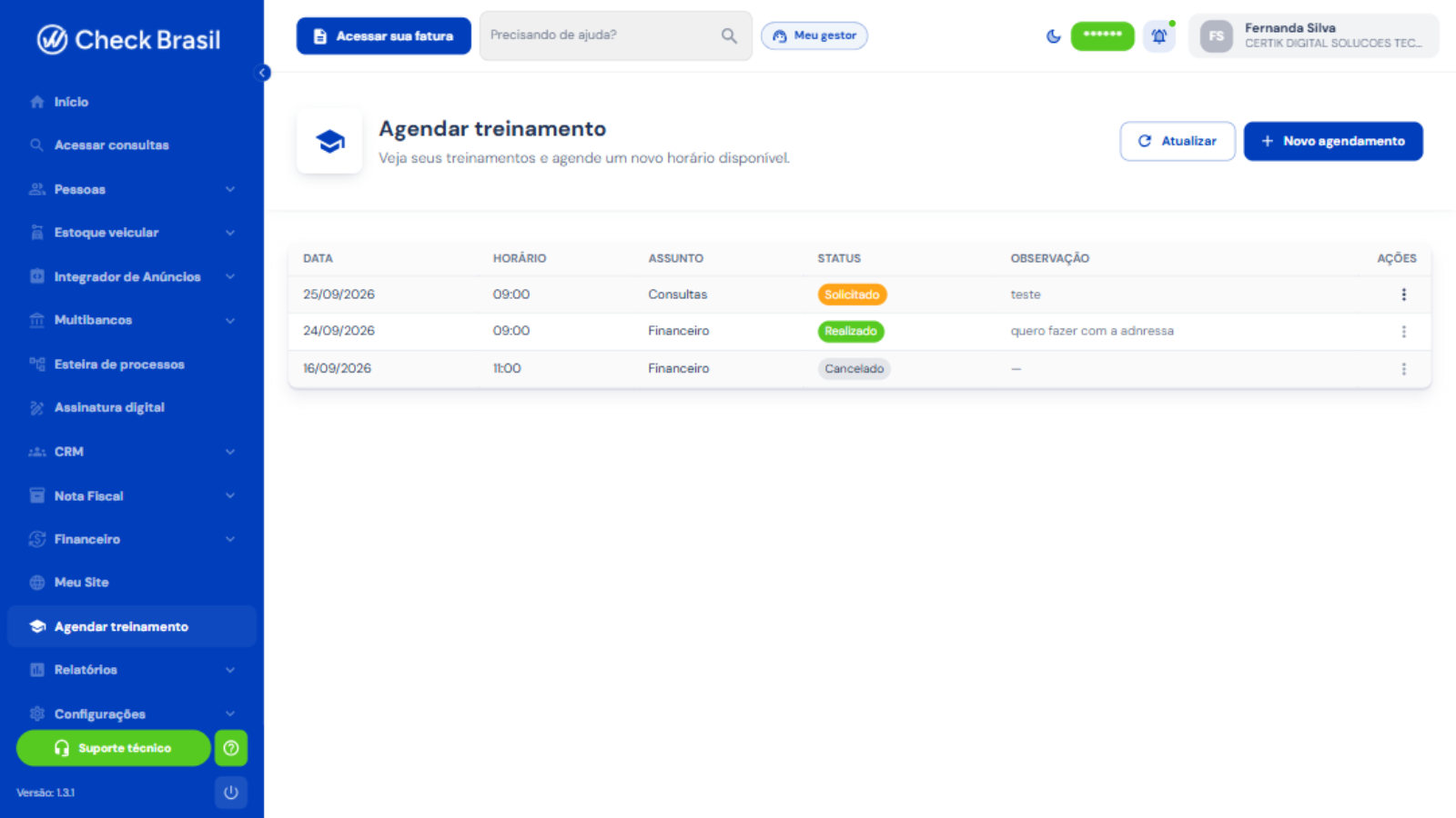 Agendar treinamento com status das solicitações