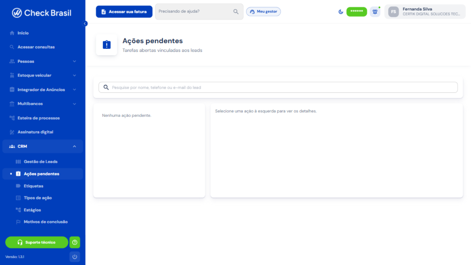 Ações pendentes do CRM