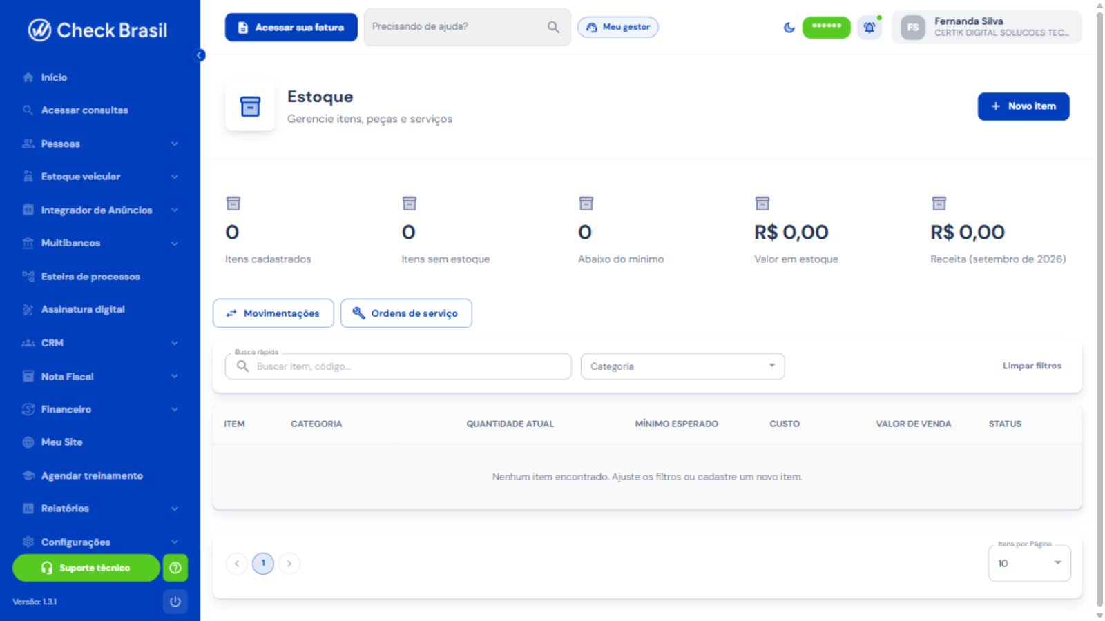 Estoque de peças e serviços com KPIs e movimentações