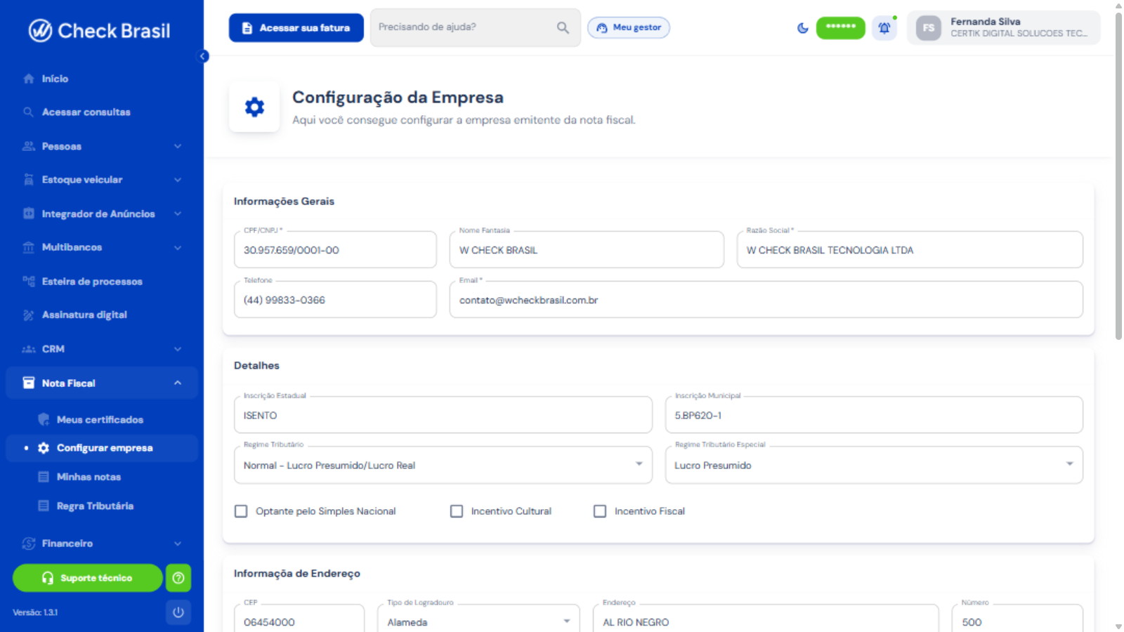Configuração da empresa emitente da nota fiscal