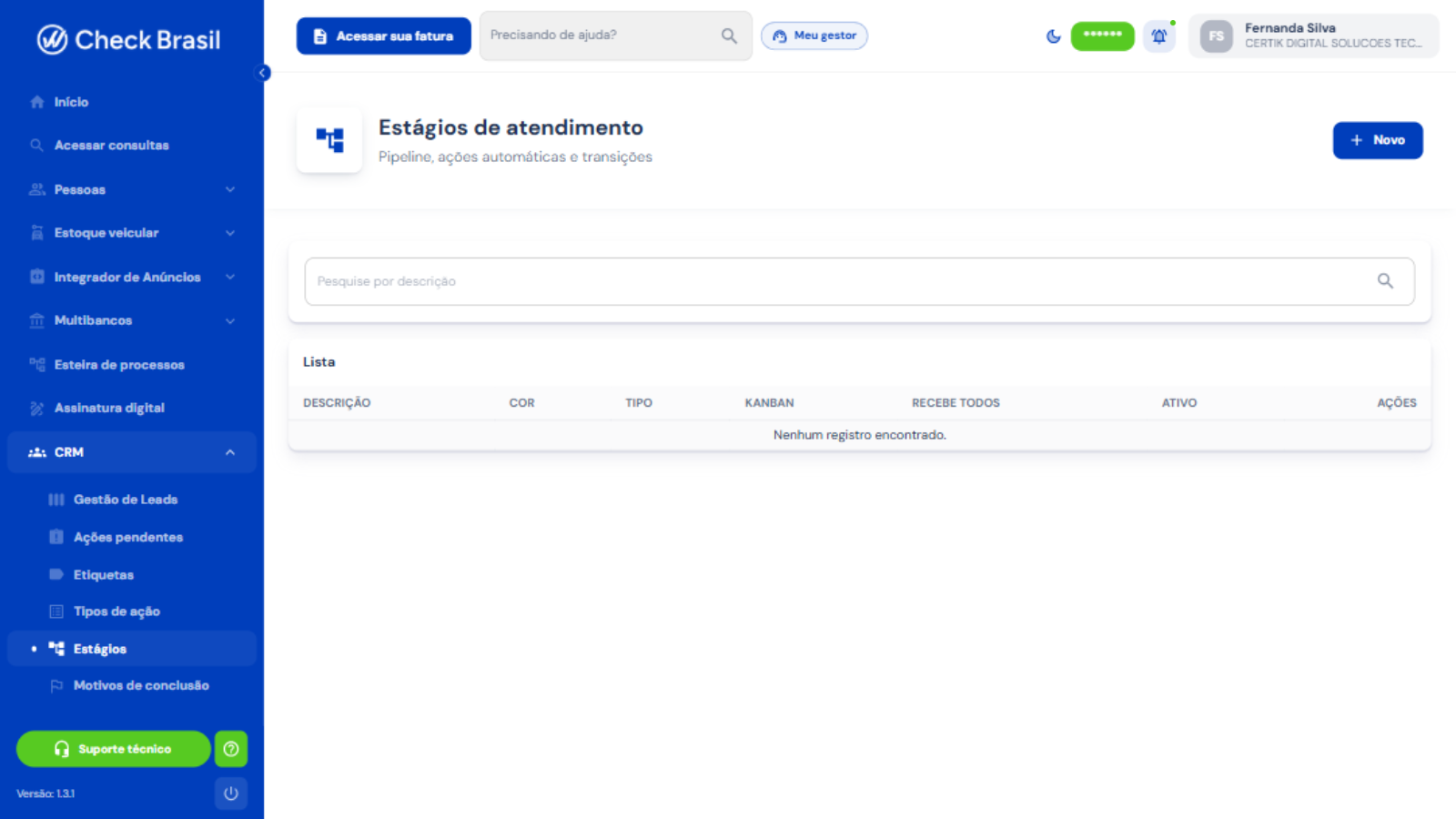 Estágios de atendimento do CRM