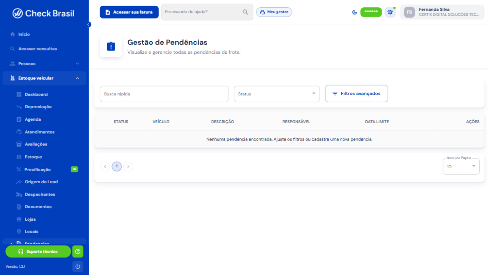 Gestão de Pendências da frota