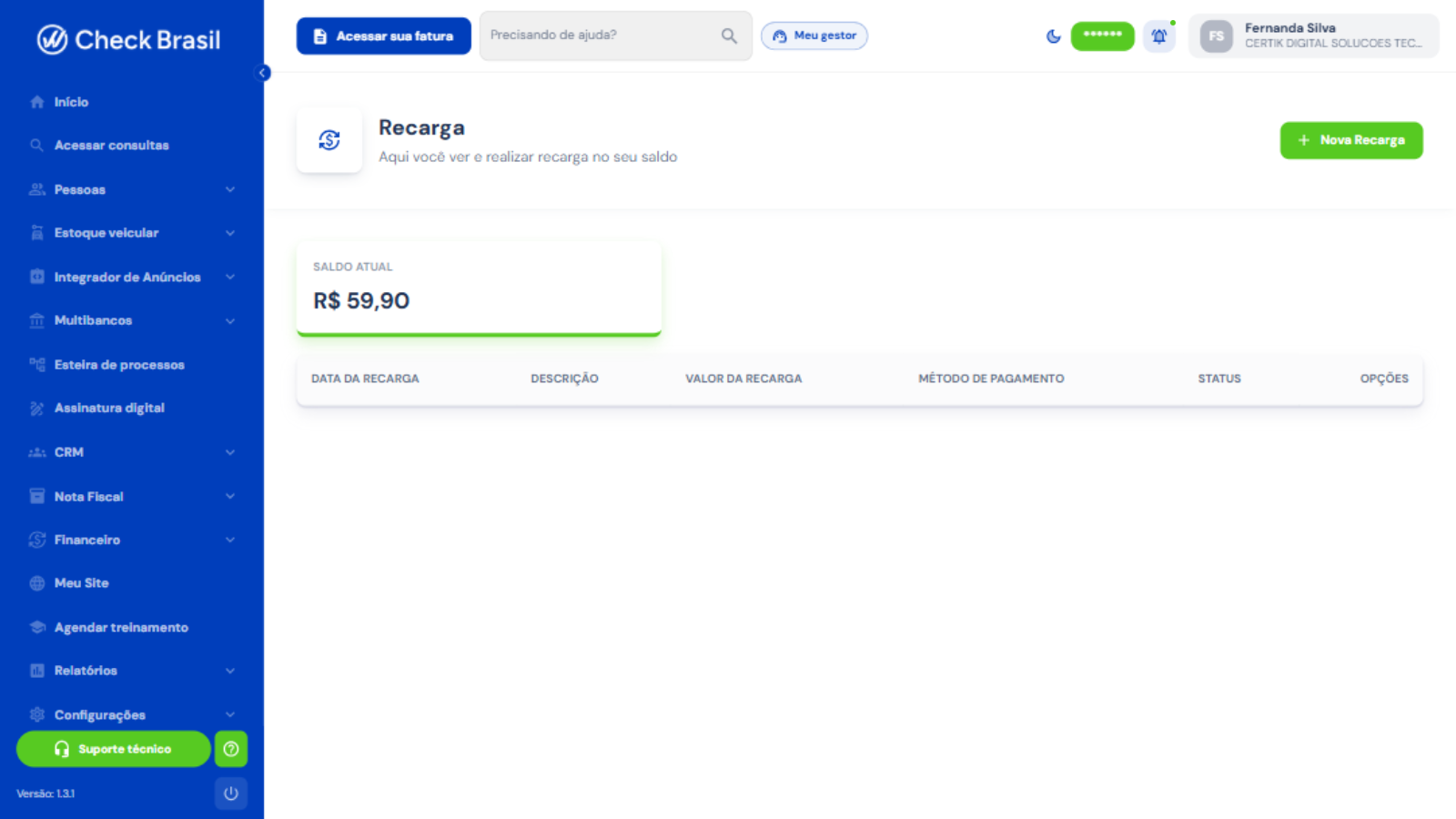 Recarga de saldo com histórico