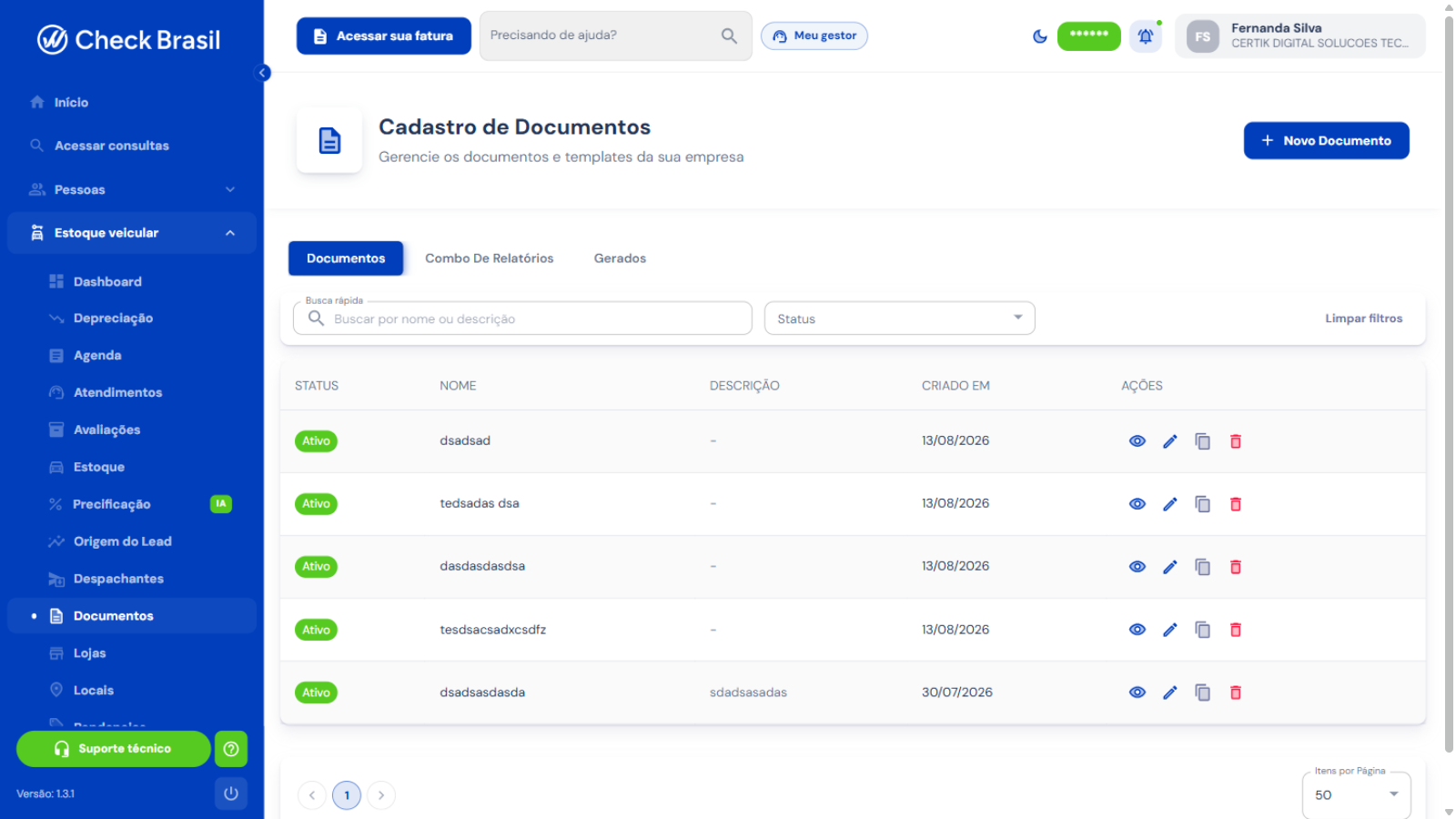 Cadastro de Documentos com templates da empresa