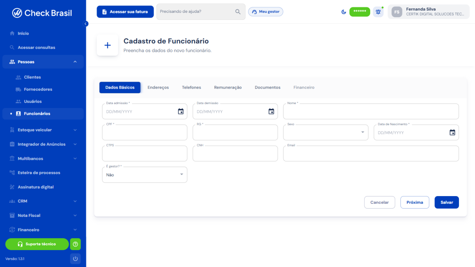 Formulário Cadastro de Funcionário com seis abas