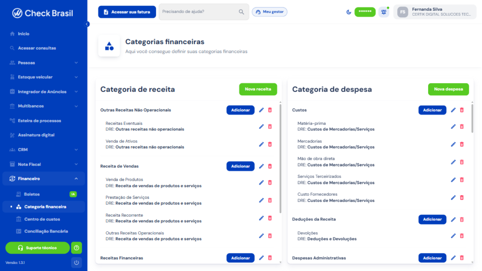 Categorias financeiras de receita e despesa