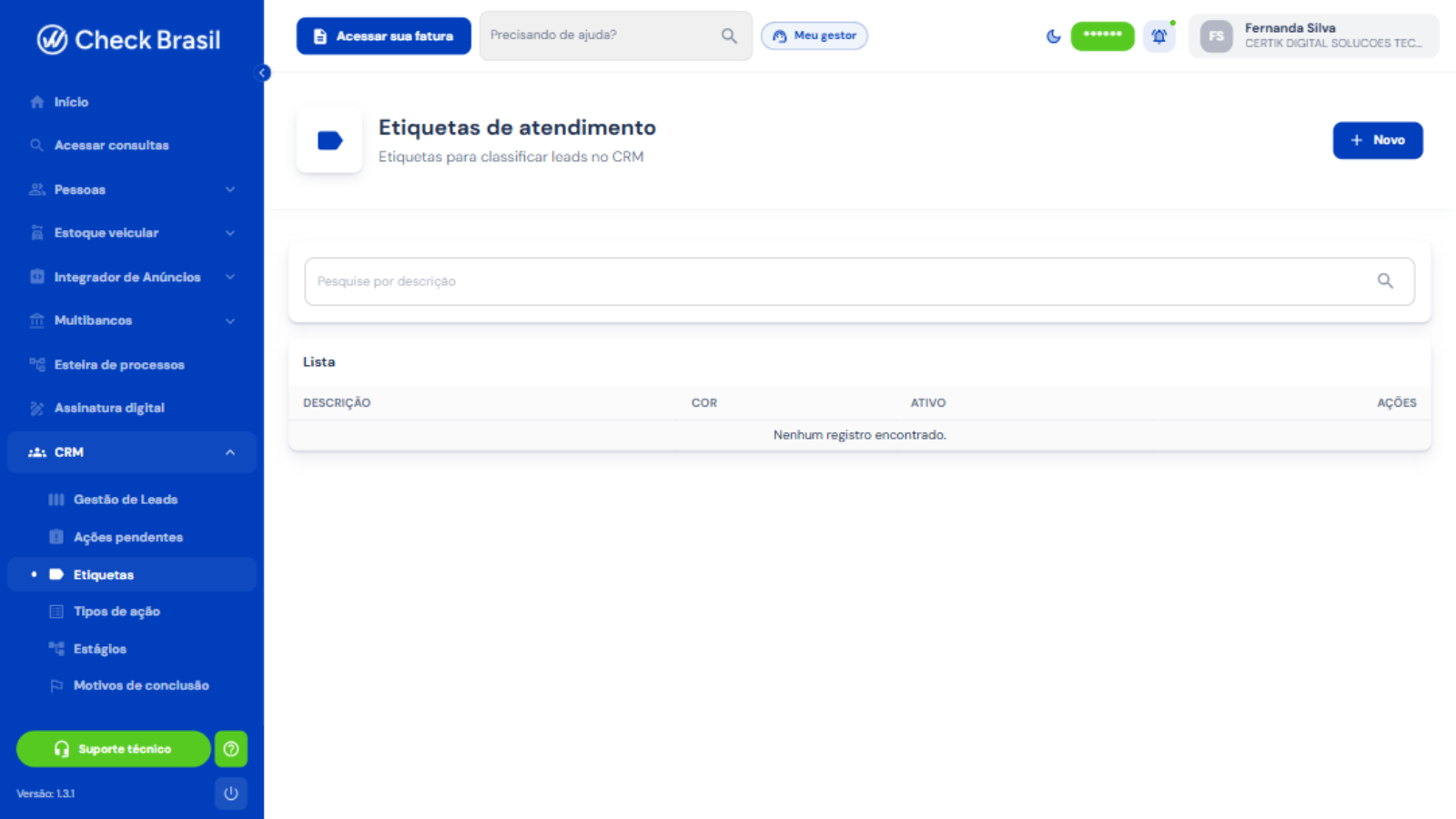 Etiquetas de atendimento do CRM