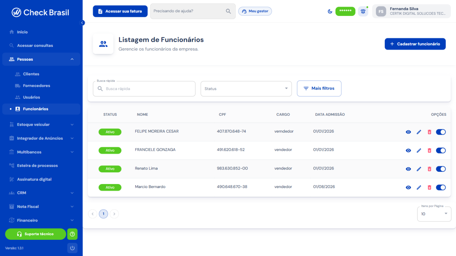 Listagem de funcionários com cargo e data de admissão
