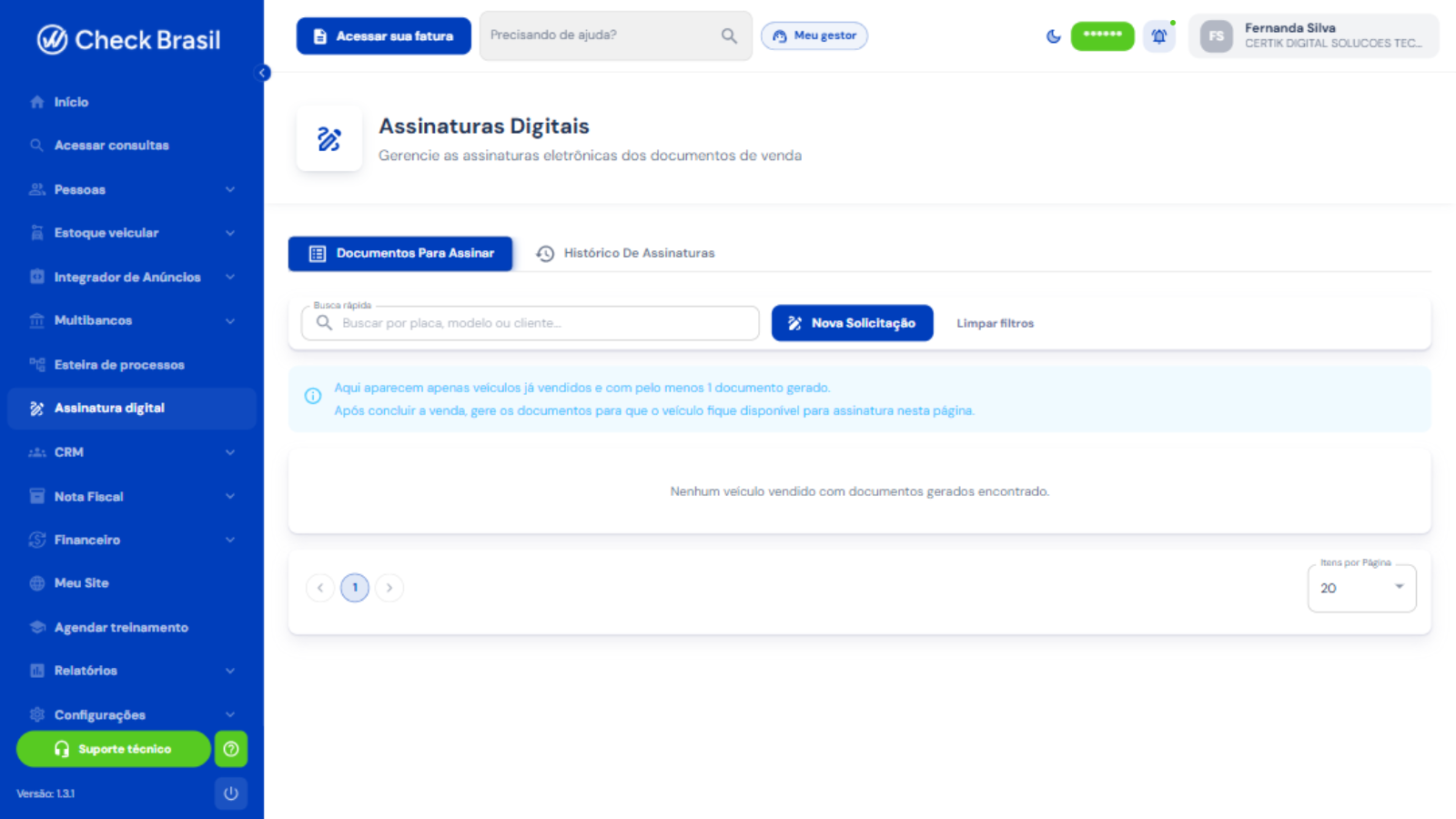 Assinaturas Digitais com documentos para assinar e histórico