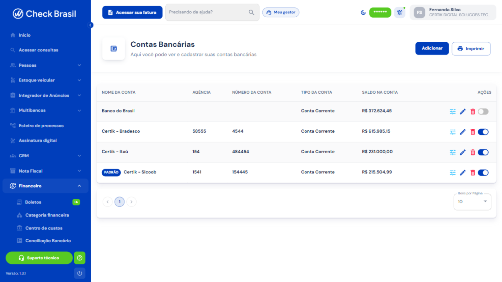 Contas bancárias com saldos